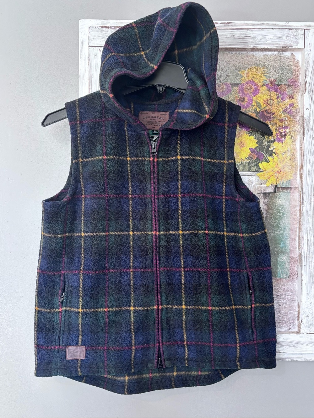 Ralph Lauren Hooded Vest Deep Green Plaid Fleece Hooded Full Zip Sz Medium